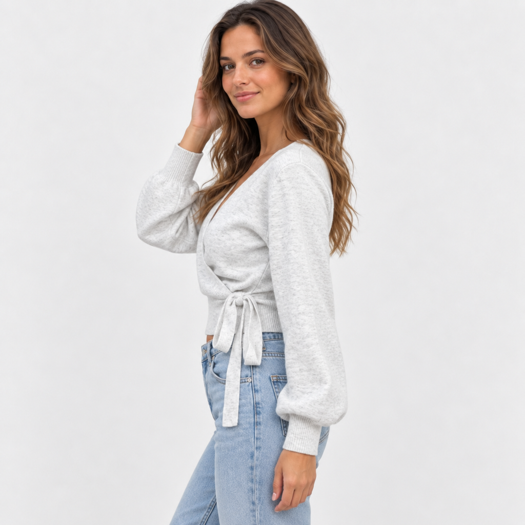 Women's Cross V-Neck Top - Long Sleeve Pleated Design