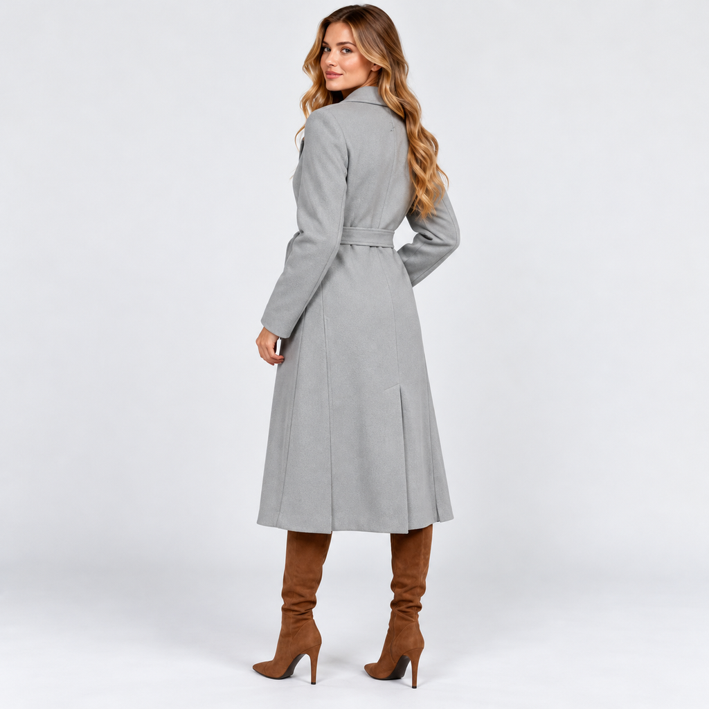 Women's Long V-Neck Coat with Lace-Up Waist