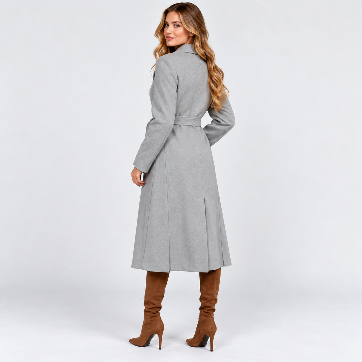 Women's Long V-Neck Coat with Lace-Up Waist