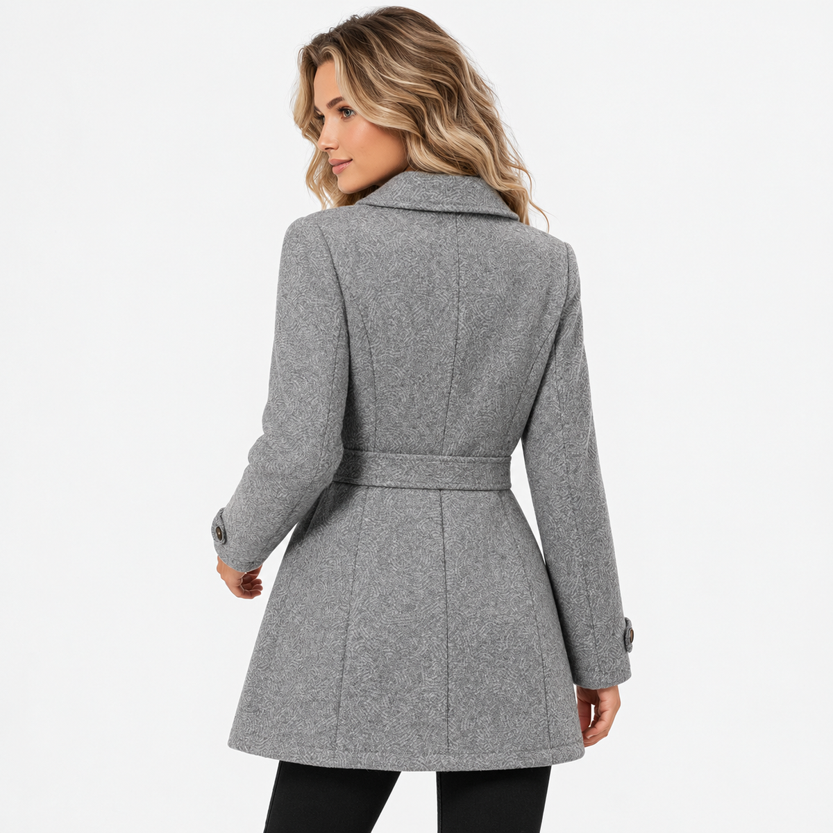 Women's Mid-Length Coat with Lapel Collar and Button Front