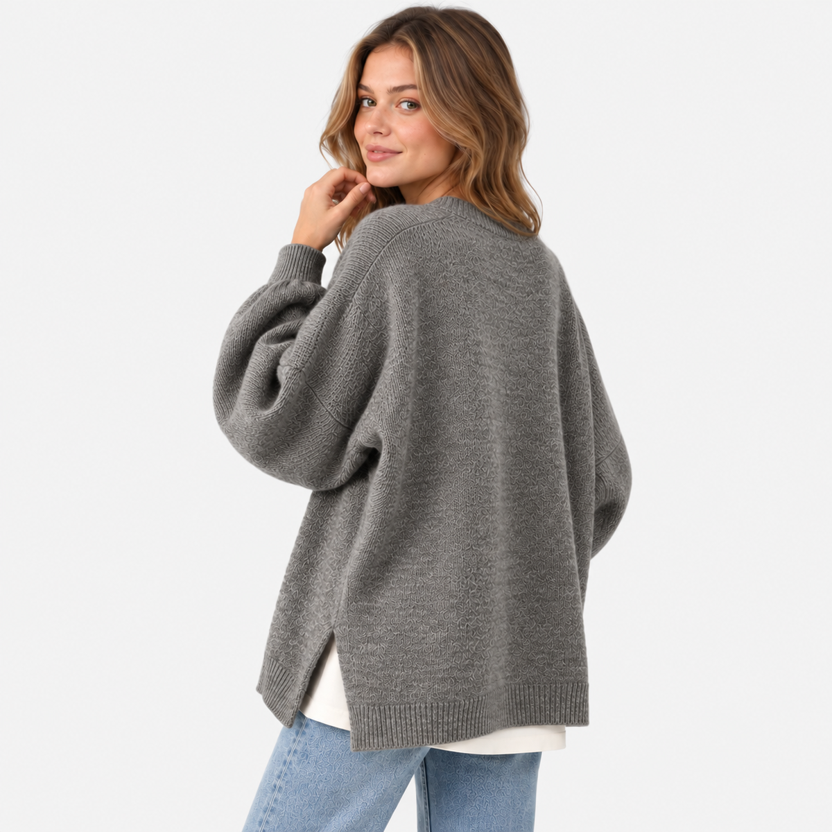 Women's Crew Neck Sweater - Balloon Sleeve Loose Fit