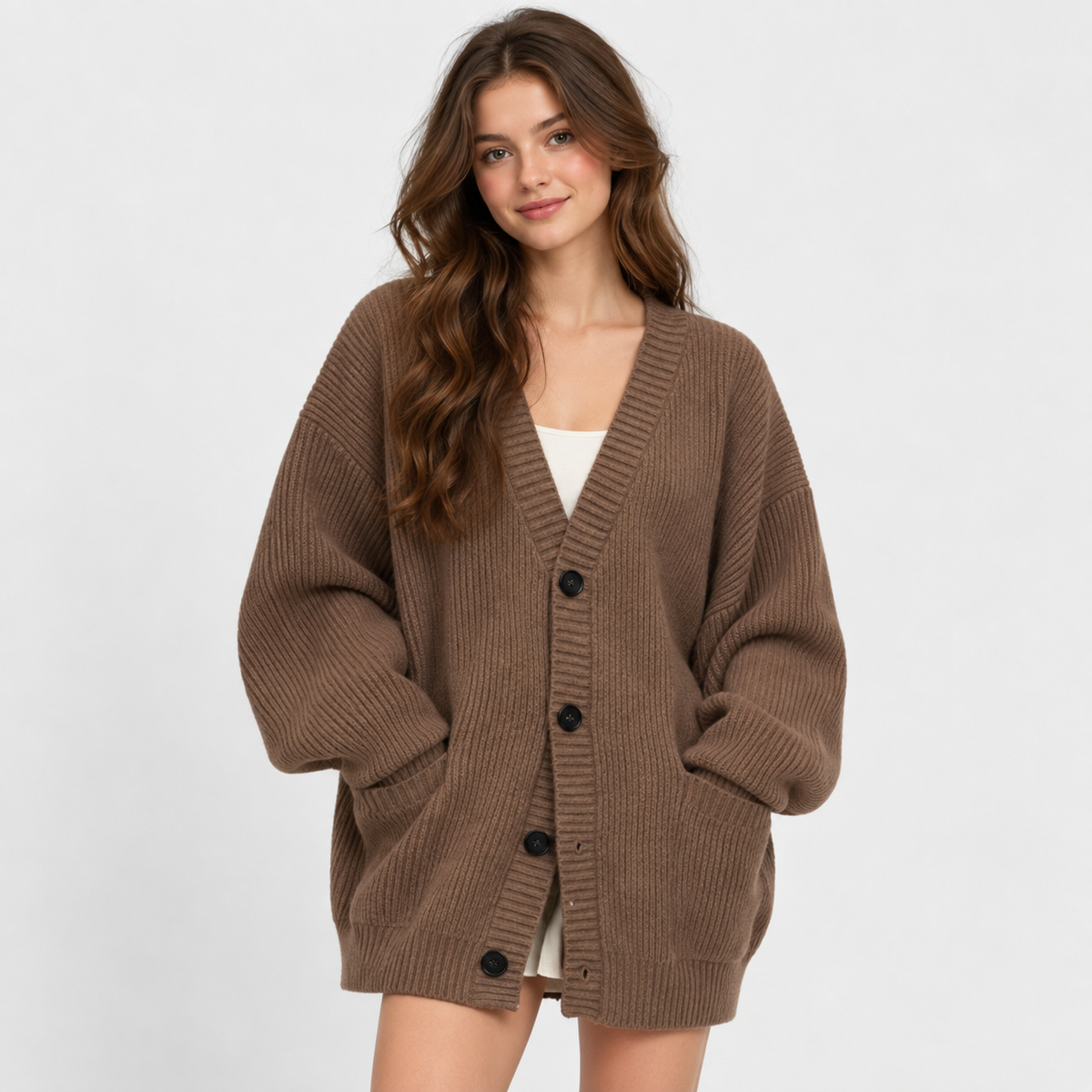 Women's Loose Knit Cardigan Jacket - Button Front