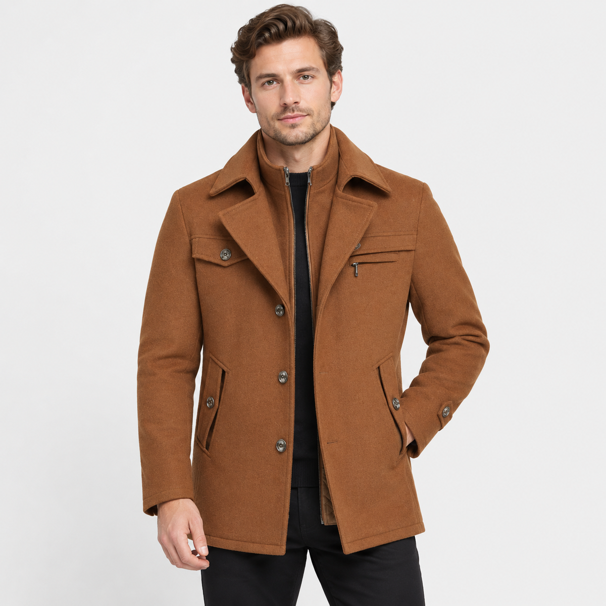 Men's Wool Blend Overcoat - Slim Fit Detachable Collar