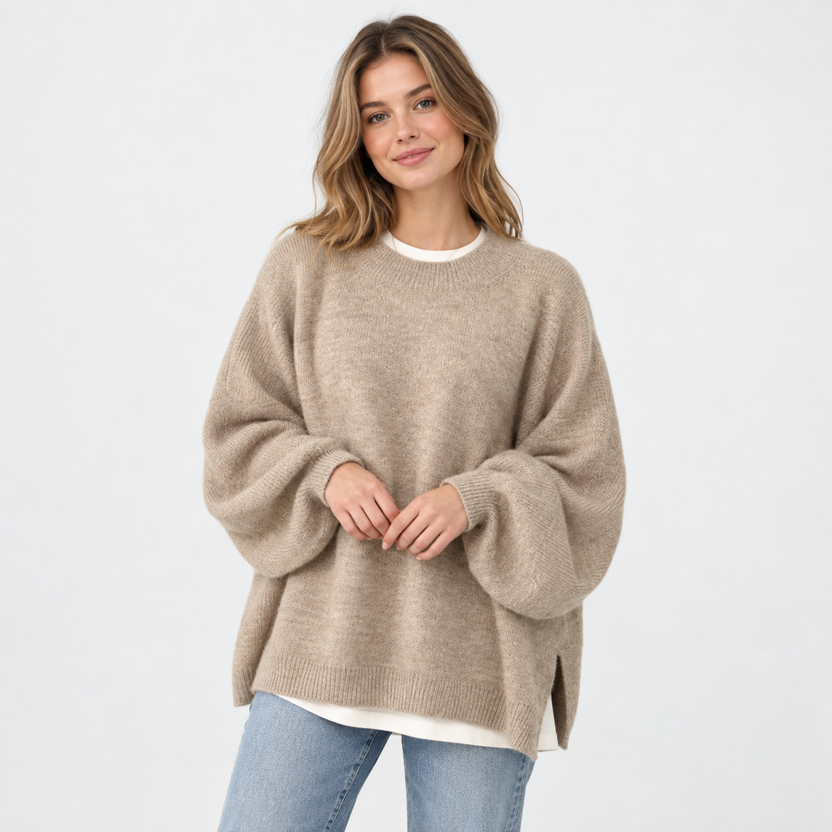 Women's Crew Neck Sweater - Balloon Sleeve Loose Fit