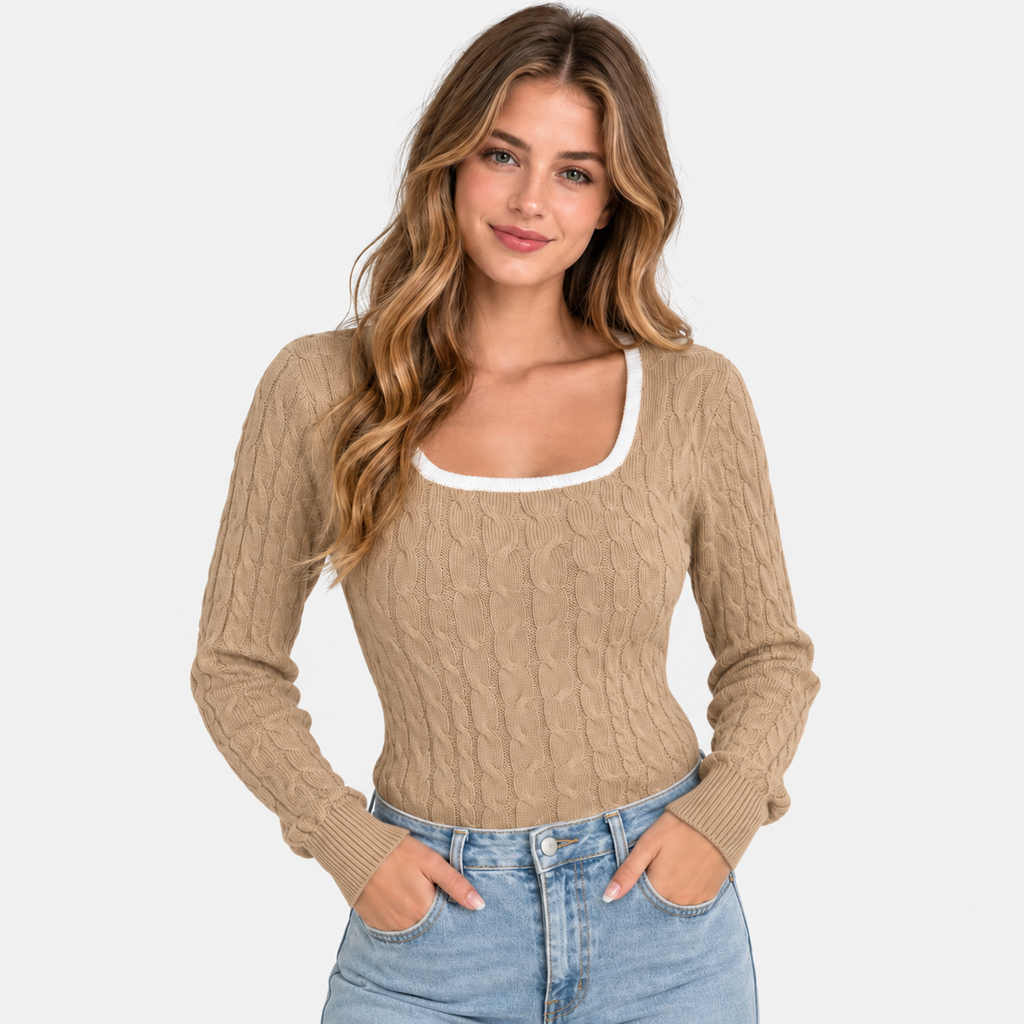 Women's Cable Knit Sweater - Square Neck Slim Fit