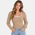 Women's Cable Knit Sweater - Square Neck Slim Fit