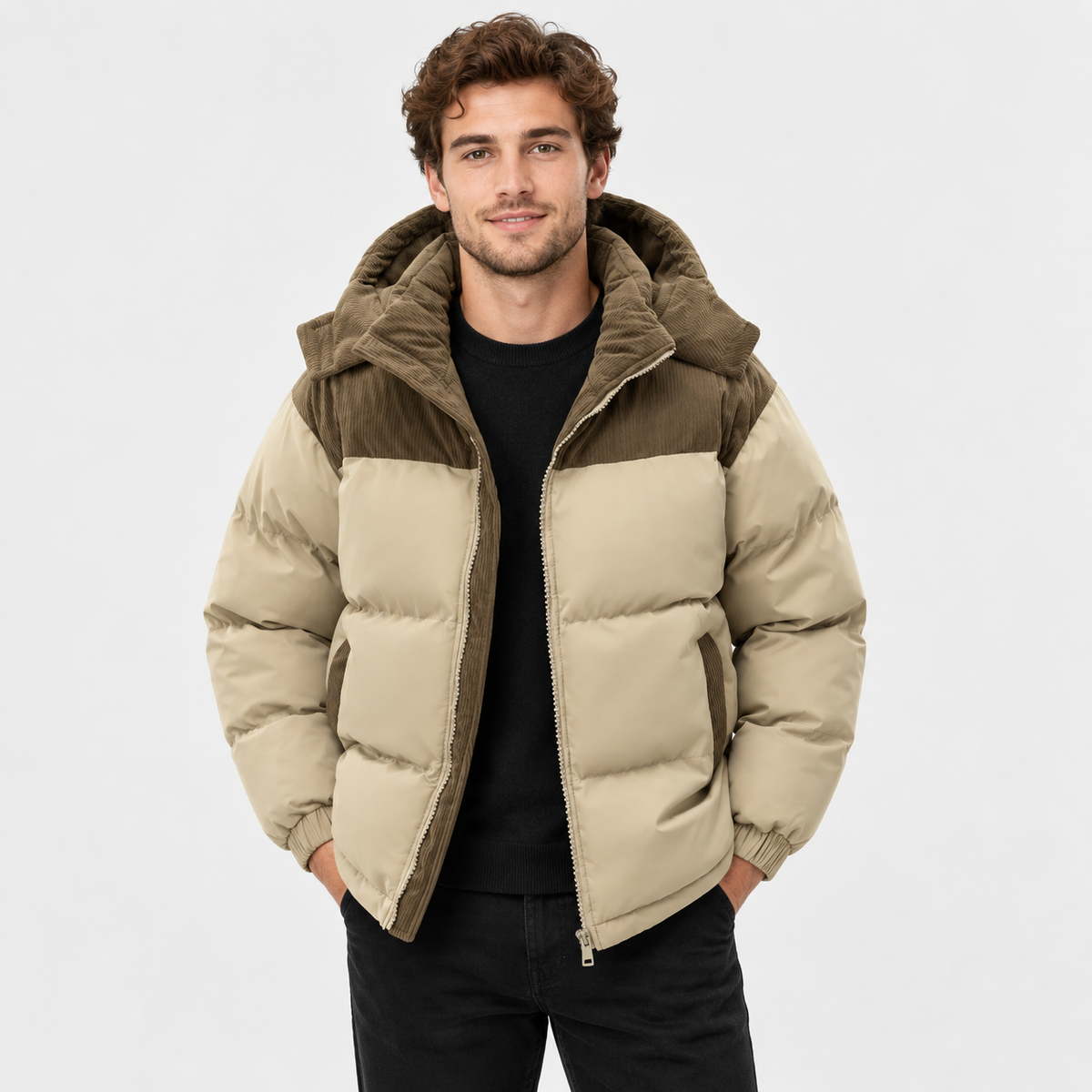 Men's Hooded Padded Winter Coat - Detachable Hood