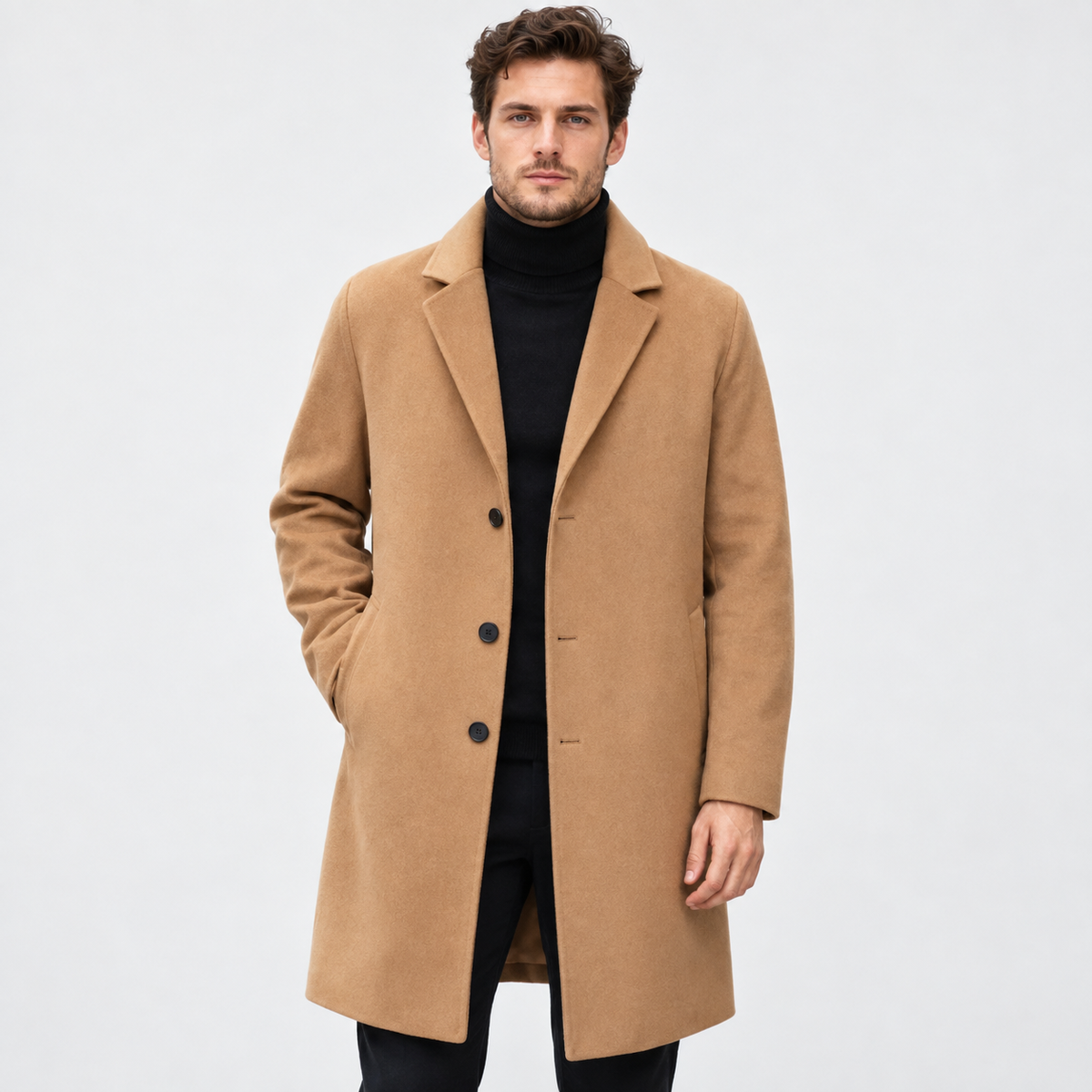 Men's Long Wool-Look Coat - Slim Fit Classic Style