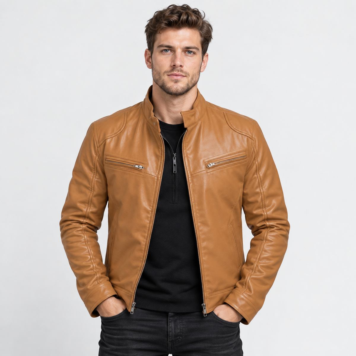 Men's Faux Leather Moto Jacket - Stand Collar