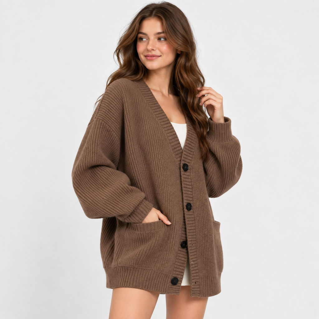 Women's Loose Knit Cardigan Jacket - Button Front