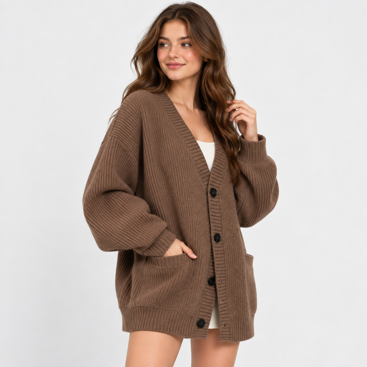Women's Loose Knit Cardigan Jacket - Button Front