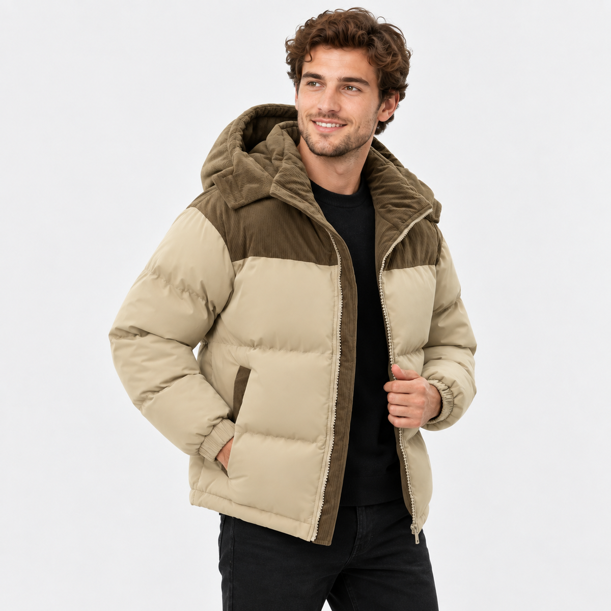 Men's Hooded Padded Winter Coat - Detachable Hood