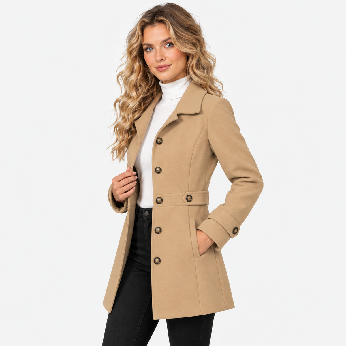 Women's Mid-Length Coat with Lapel Collar and Button Front