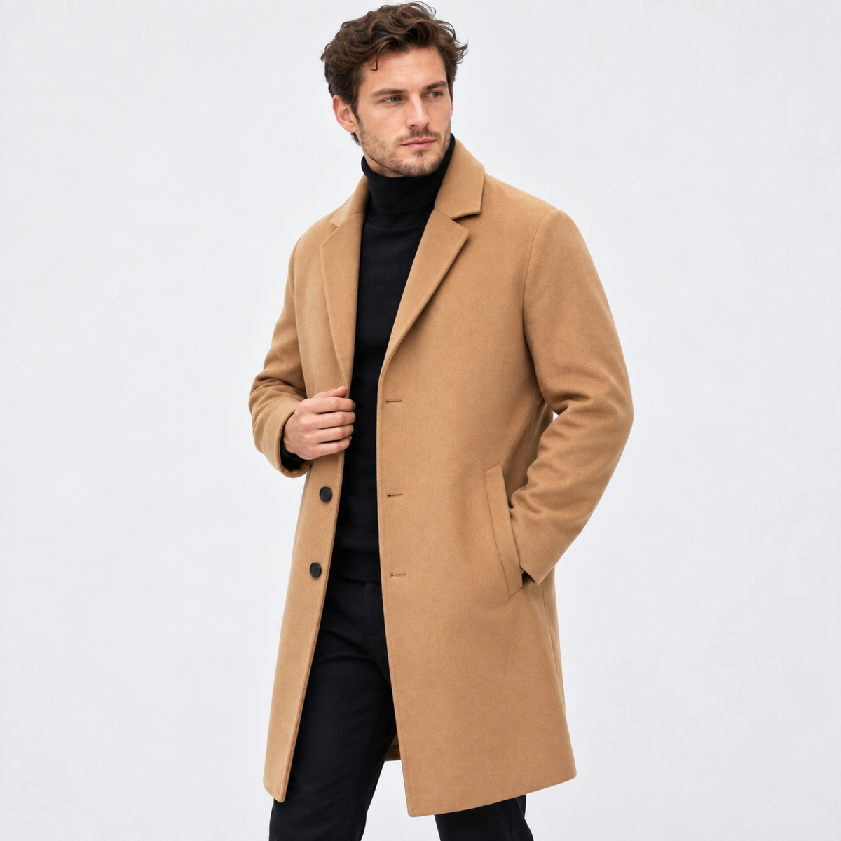 Men's Long Wool-Look Coat - Slim Fit Classic Style
