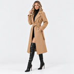 Women's Long Double Breasted Coat with Belted Waist