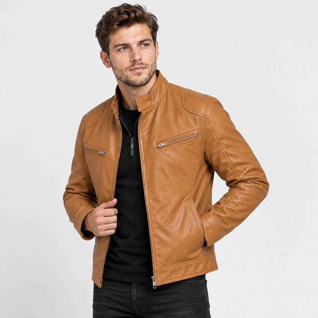 Men's Faux Leather Moto Jacket - Stand Collar