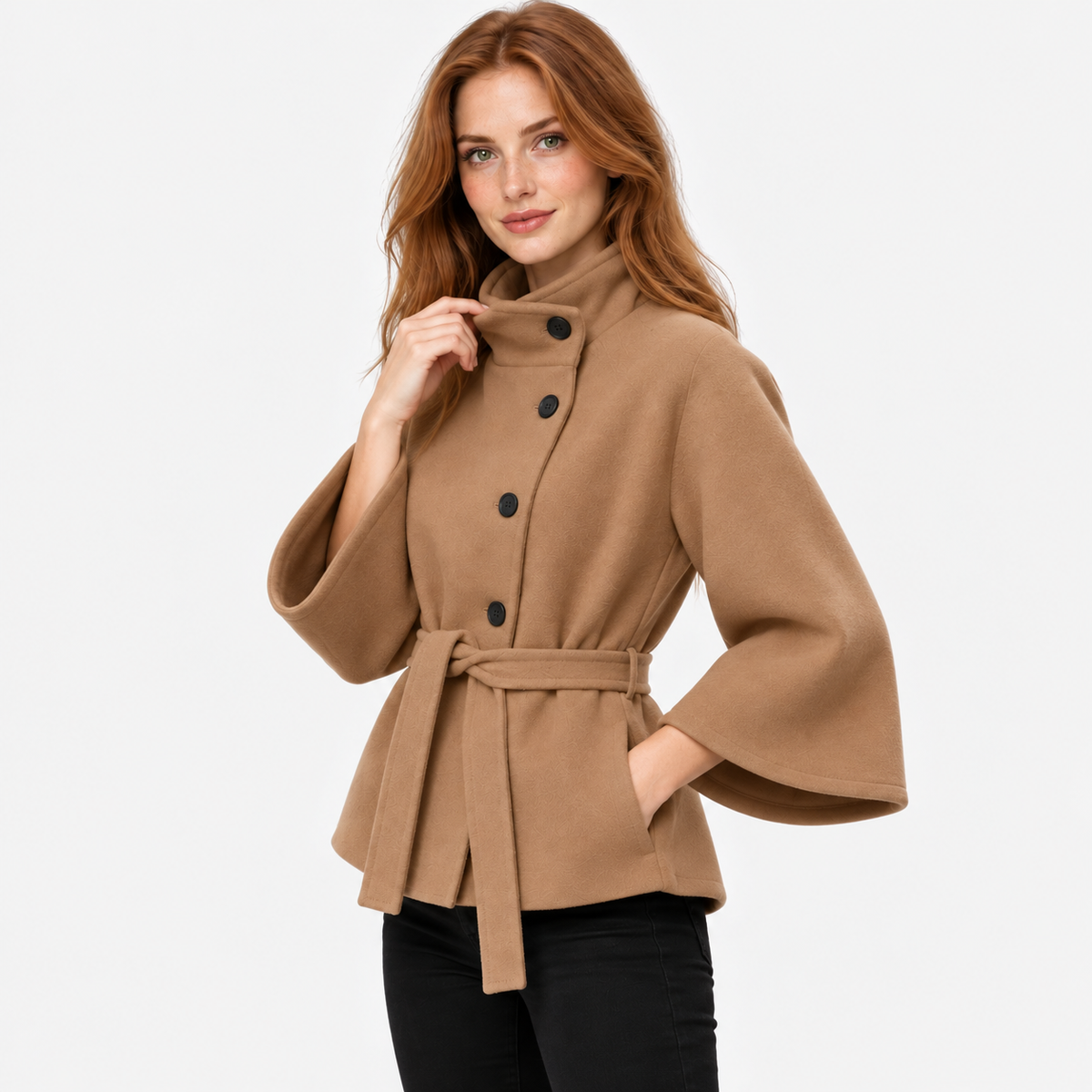 Women's Mandarin Collar Coat with Asymmetric Button Closure