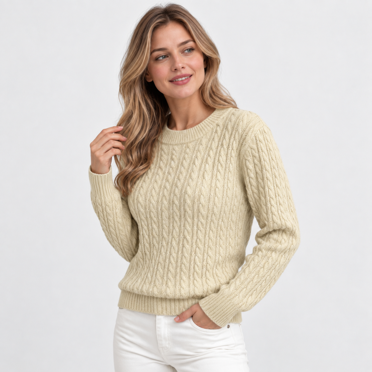 Women's Cable Knit Crew Neck Sweater - Long Sleeve