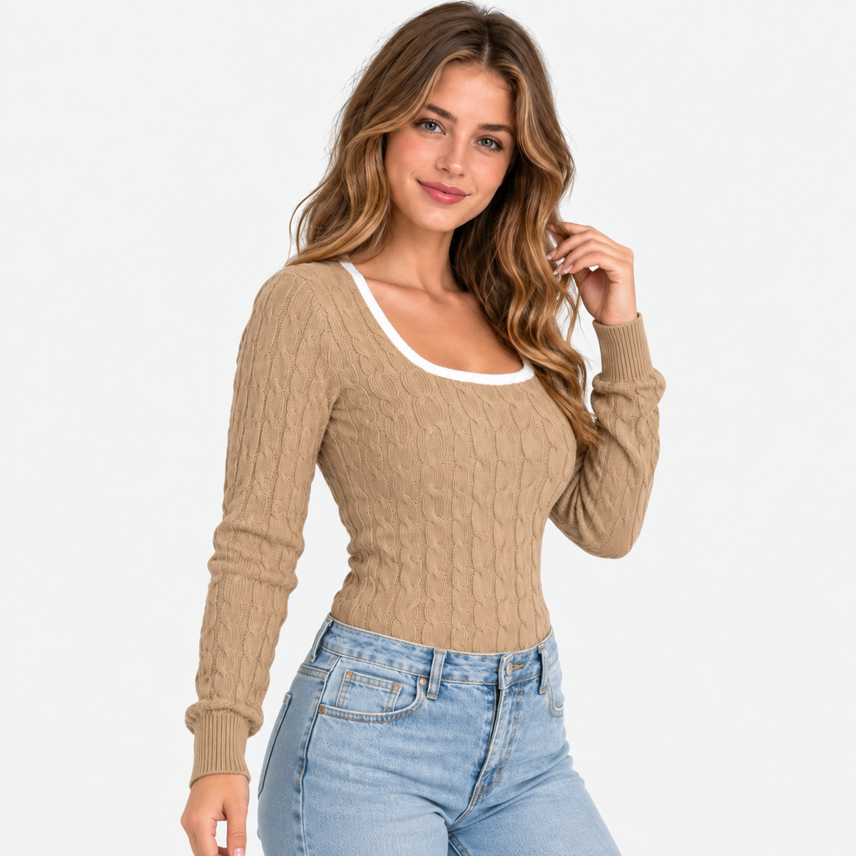 Women's Cable Knit Sweater - Square Neck Slim Fit