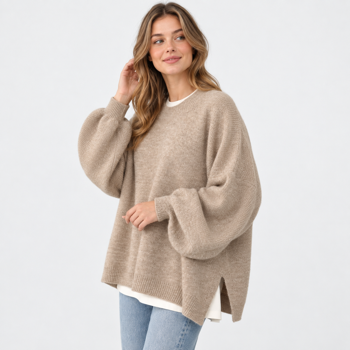Women's Crew Neck Sweater - Balloon Sleeve Loose Fit
