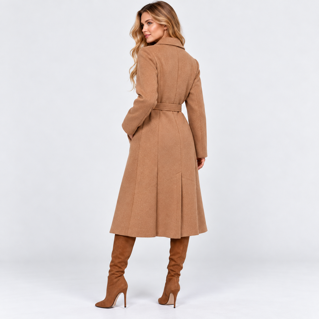 Women's Long V-Neck Coat with Lace-Up Waist