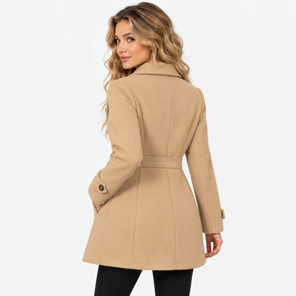 Women's Mid-Length Coat with Lapel Collar and Button Front