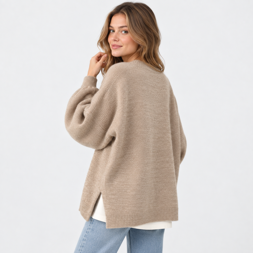 Women's Crew Neck Sweater - Balloon Sleeve Loose Fit