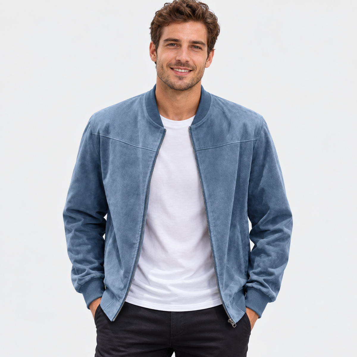 Men's Suede-Style Zip Top - Stand Collar Long Sleeve