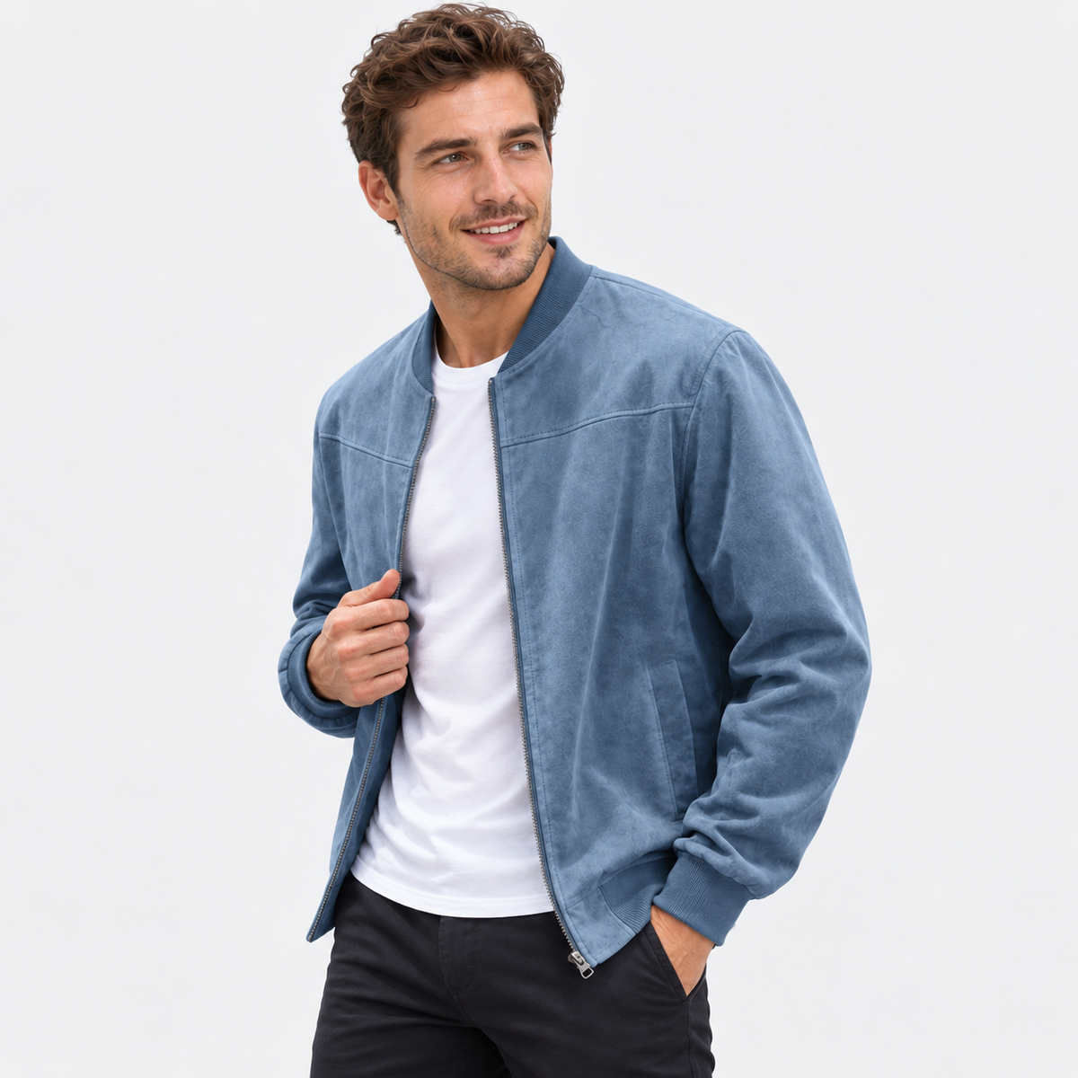 Men's Suede-Style Zip Top - Stand Collar Long Sleeve