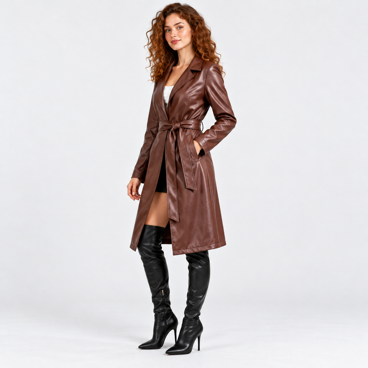 Women's Classic Faux Leather Trench Coat with Belted Waist
