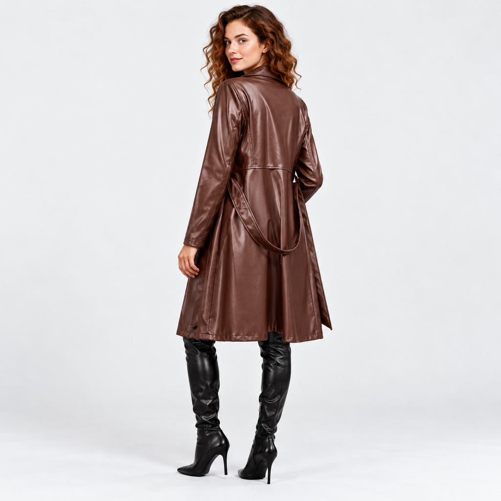 Women's Classic Faux Leather Trench Coat with Belted Waist