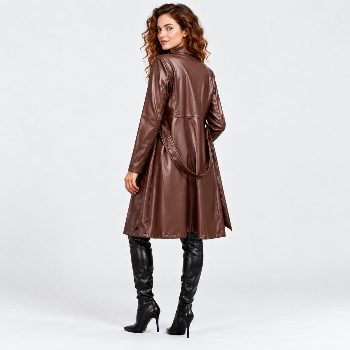 Women's Classic Faux Leather Trench Coat with Belted Waist