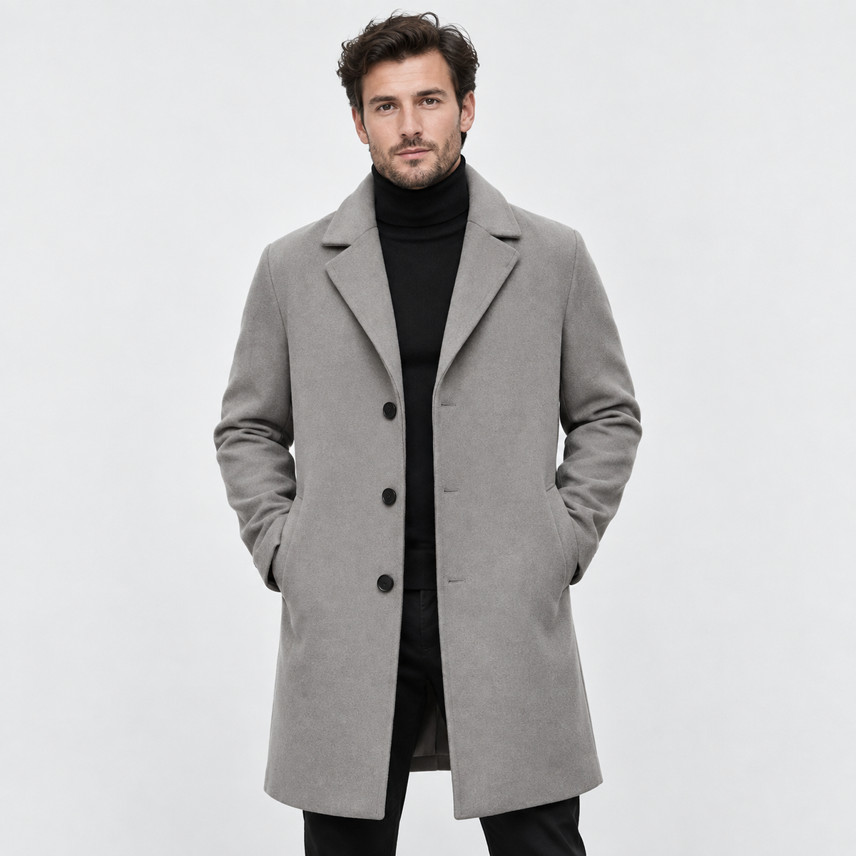 Men's Long Wool-Look Coat - Slim Fit Classic Style