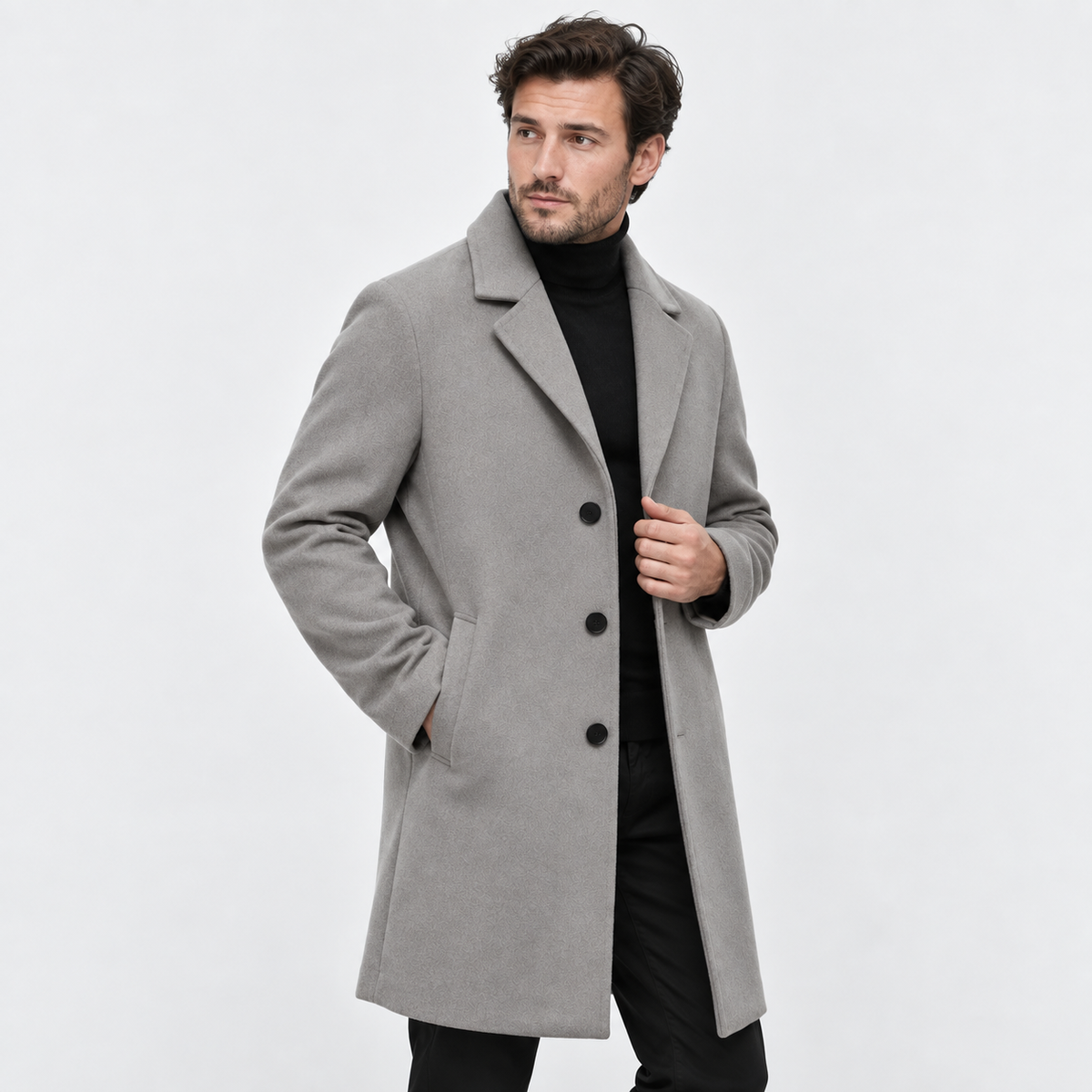 Men's Long Wool-Look Coat - Slim Fit Classic Style