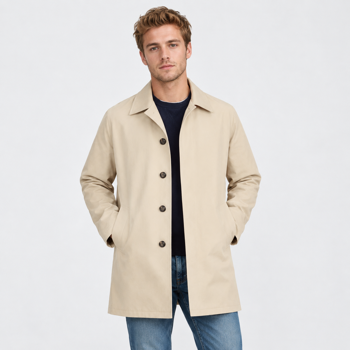 Men's Single-Breasted Trench Coat - Lapel Collar