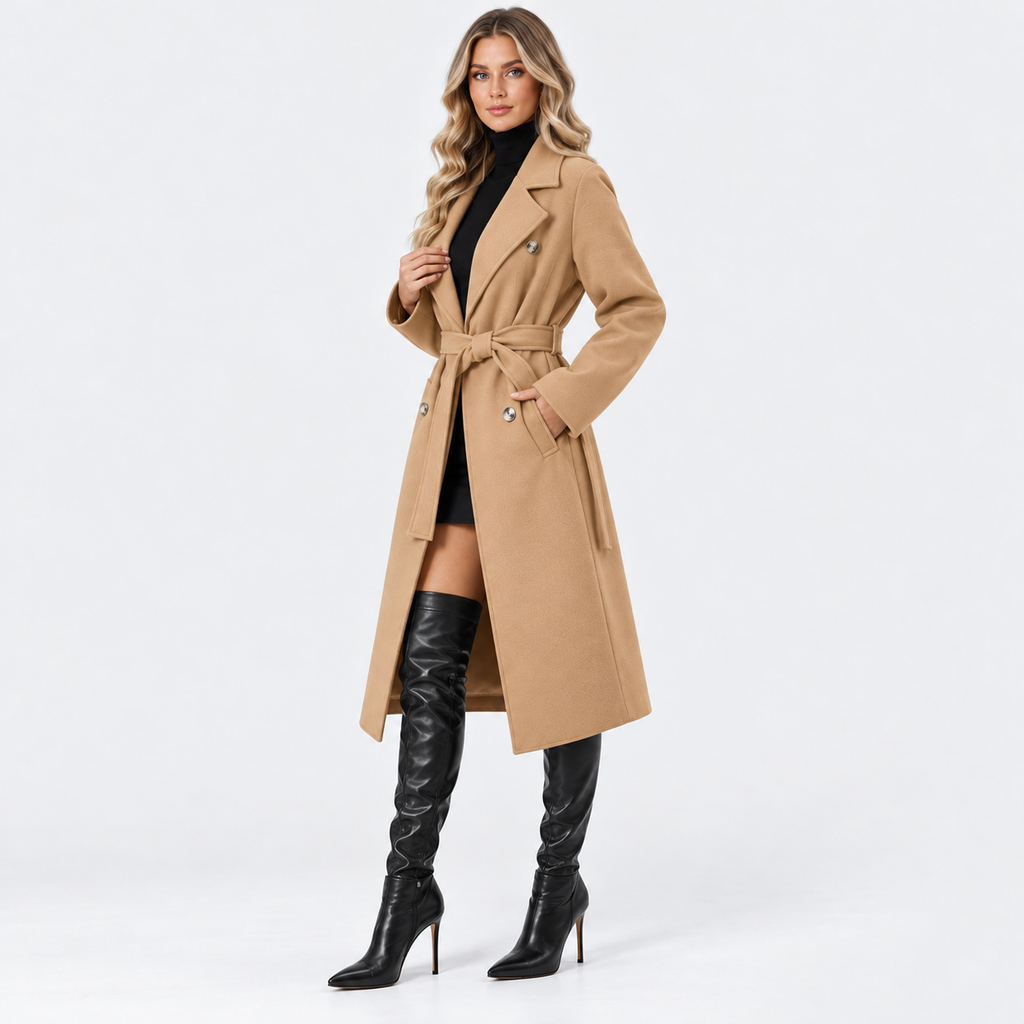 Women's Long Double Breasted Coat with Belted Waist