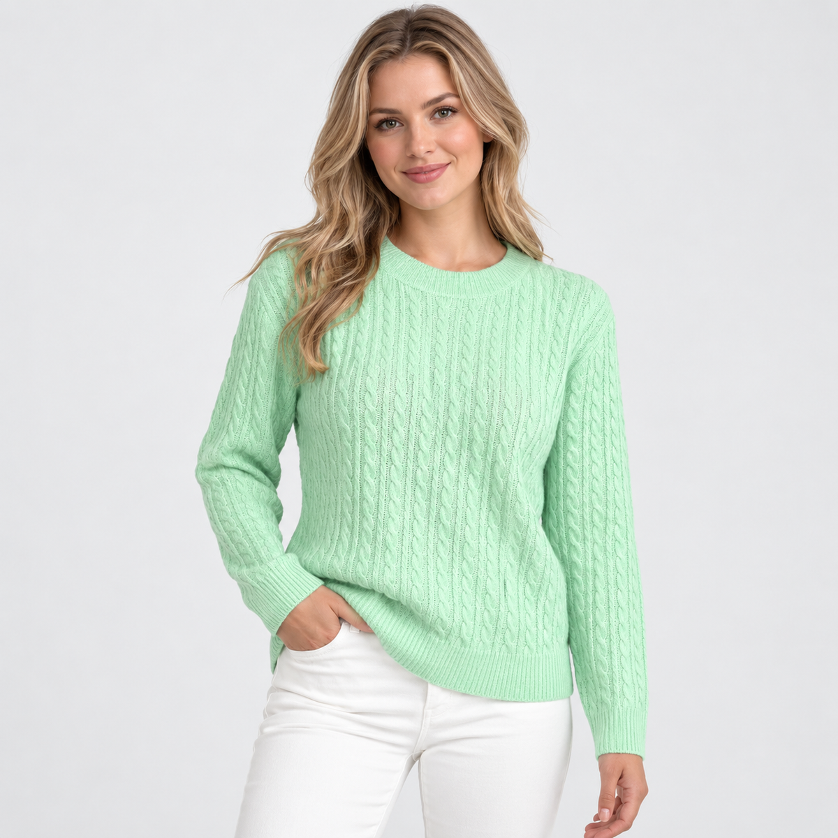 Women's Cable Knit Crew Neck Sweater - Long Sleeve