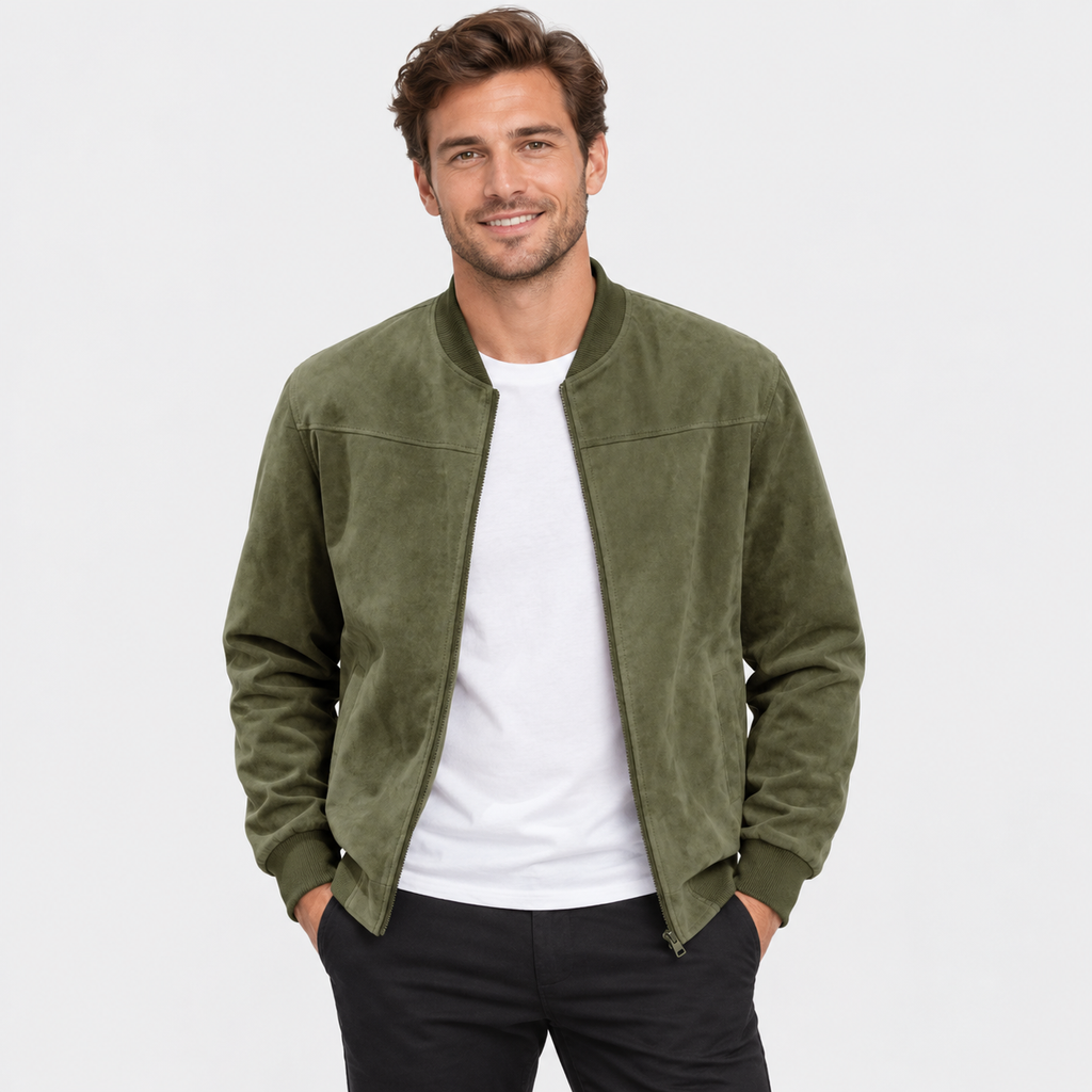 Men's Suede-Style Zip Top - Stand Collar Long Sleeve