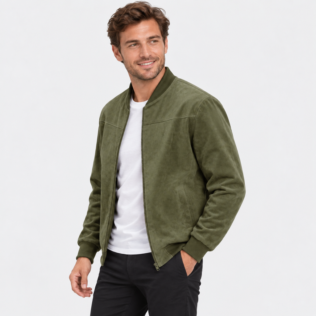 Men's Suede-Style Zip Top - Stand Collar Long Sleeve