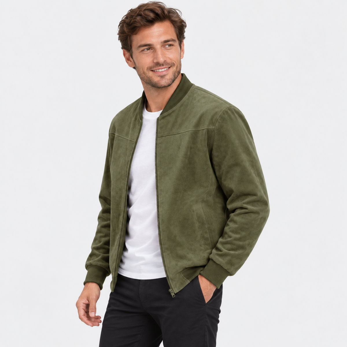 Men's Suede-Style Zip Top - Stand Collar Long Sleeve