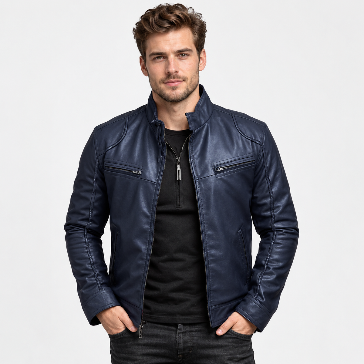 Men's Faux Leather Moto Jacket - Stand Collar