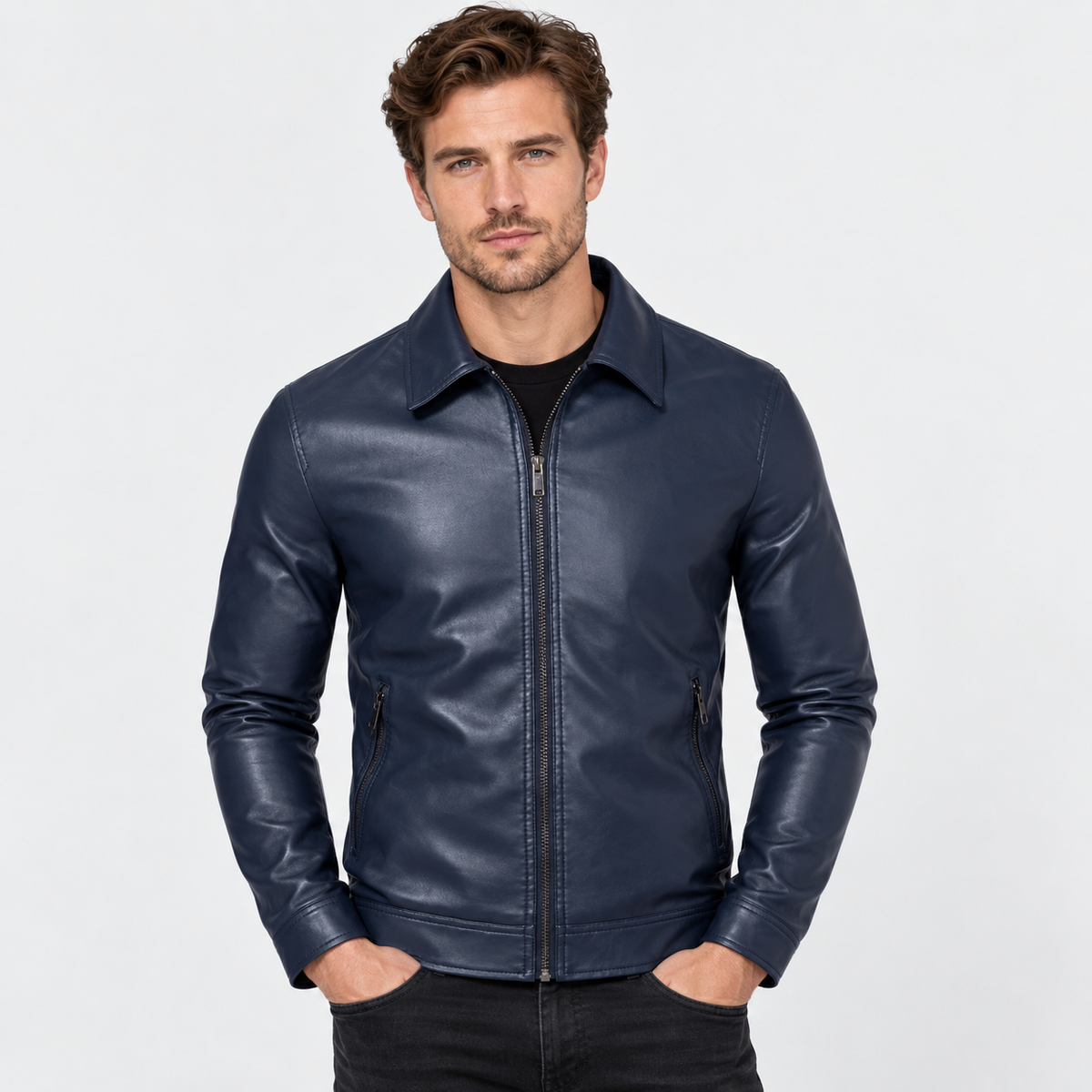 Men's Faux Leather Lapel Jacket - Slim Fit