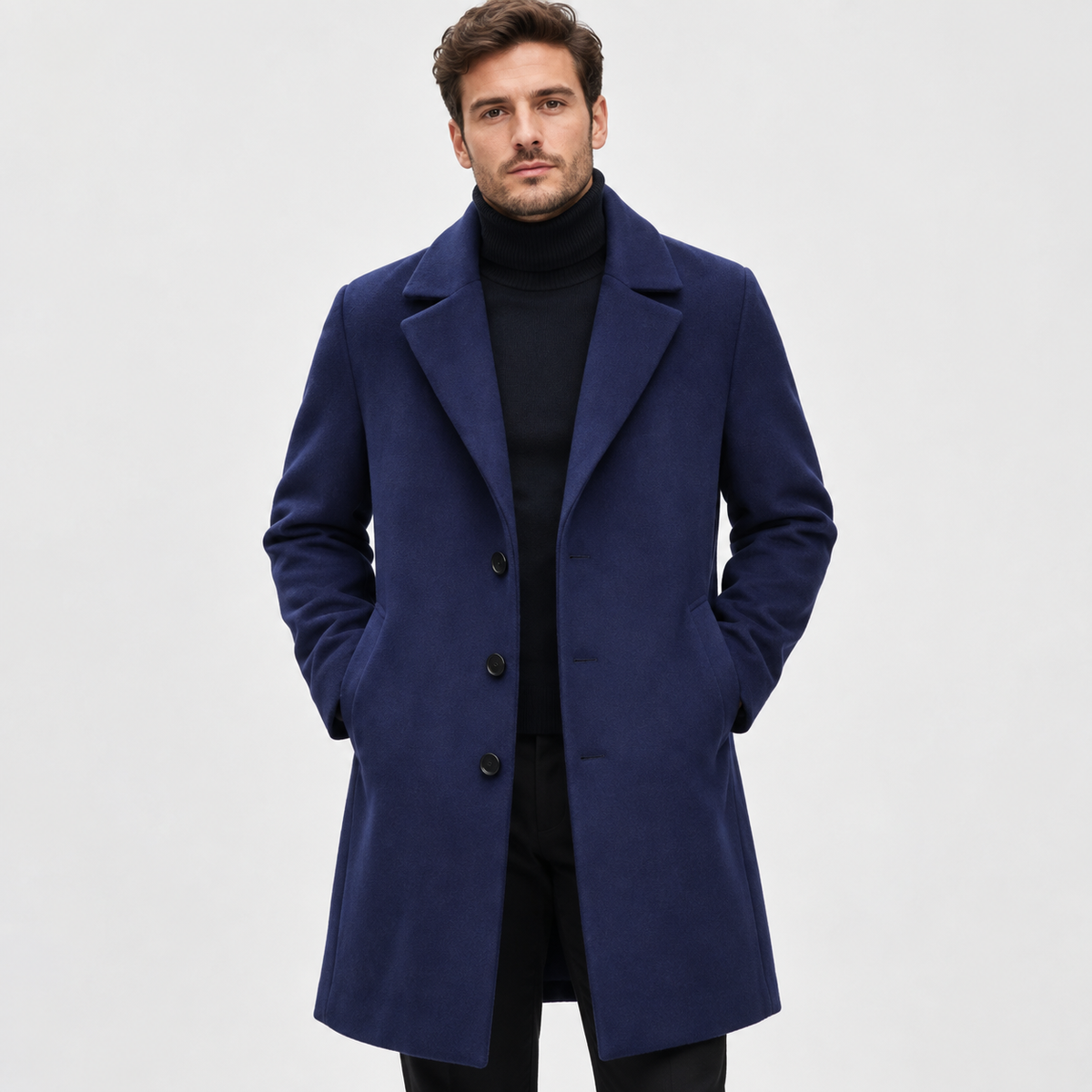 Men's Long Wool-Look Coat - Slim Fit Classic Style