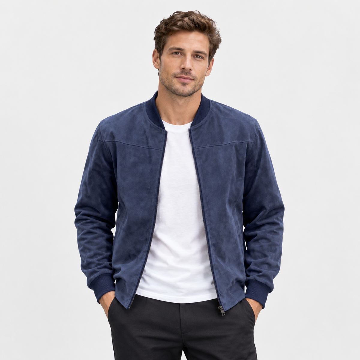 Men's Suede-Style Zip Top - Stand Collar Long Sleeve