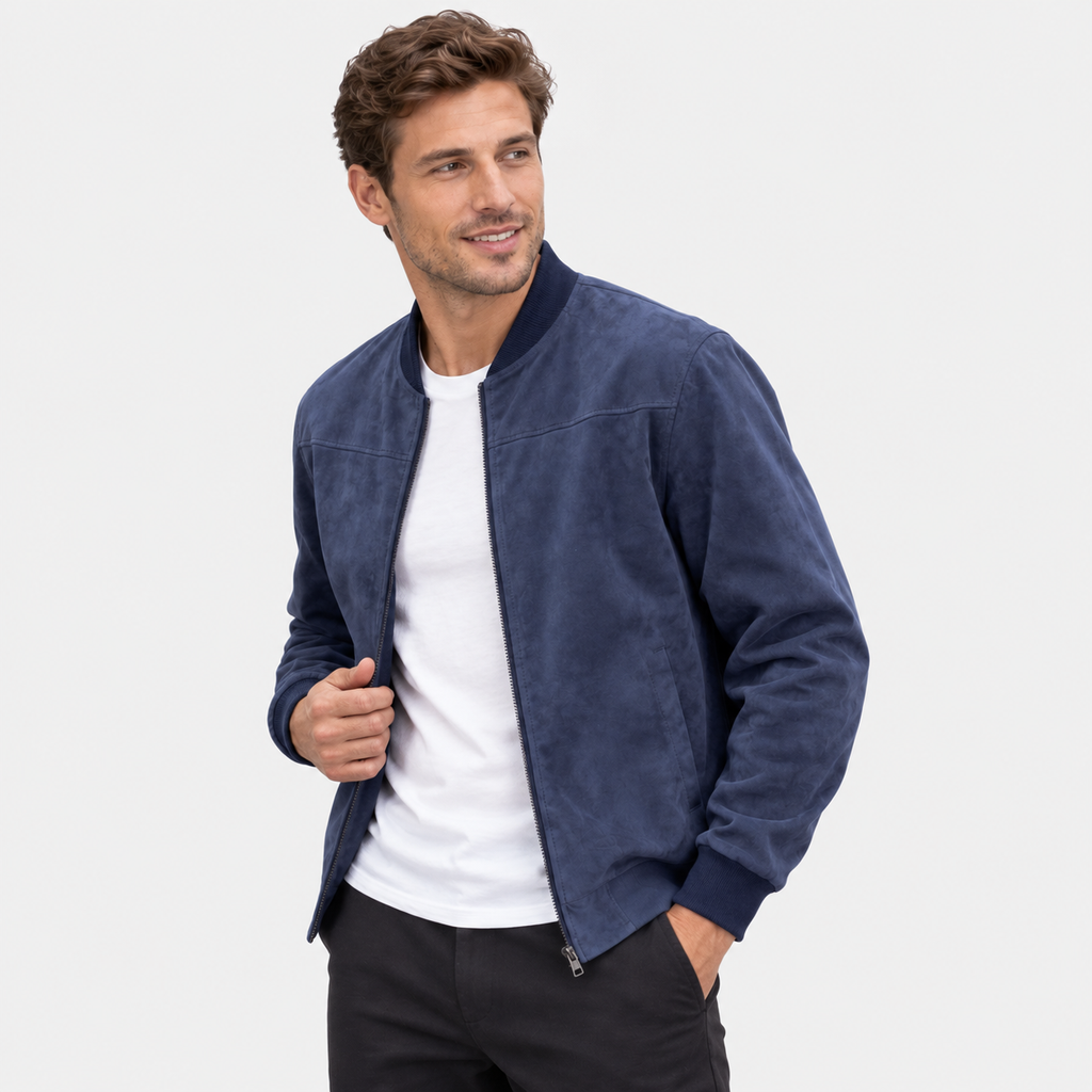 Men's Suede-Style Zip Top - Stand Collar Long Sleeve