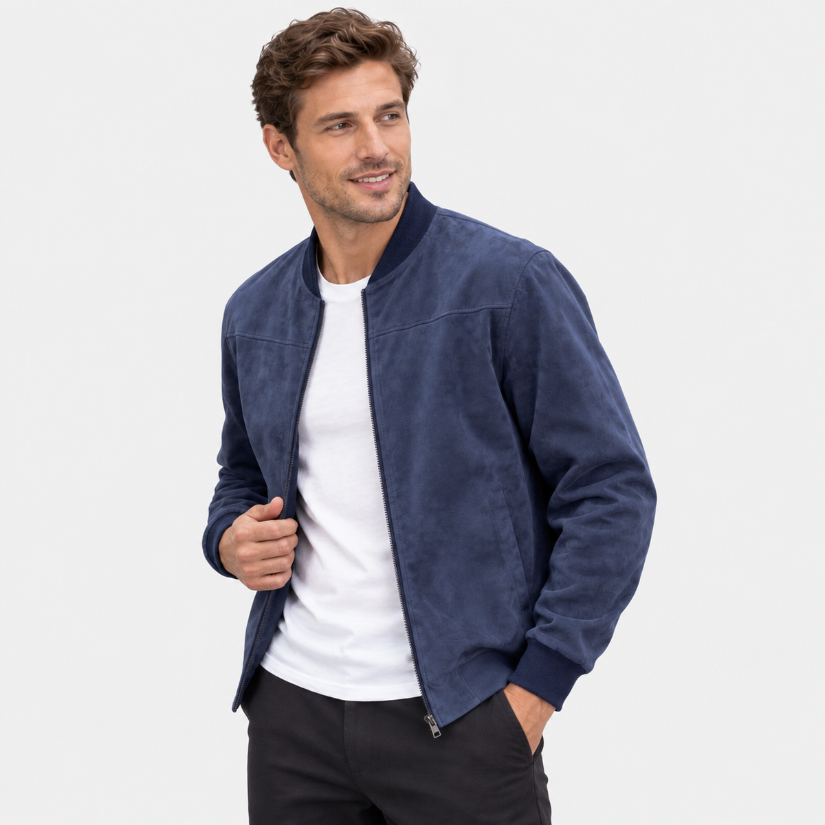 Men's Suede-Style Zip Top - Stand Collar Long Sleeve