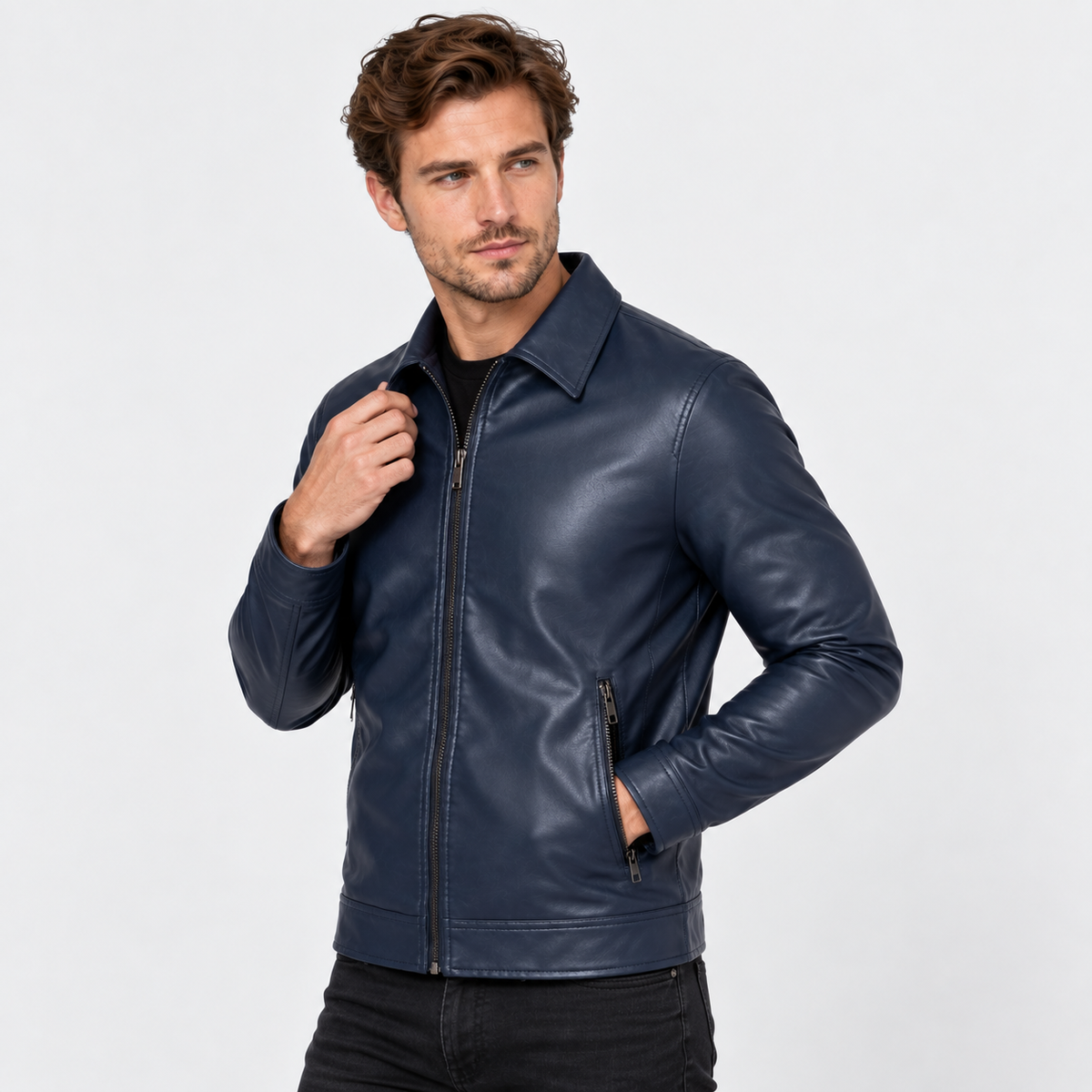 Men's Faux Leather Lapel Jacket - Slim Fit