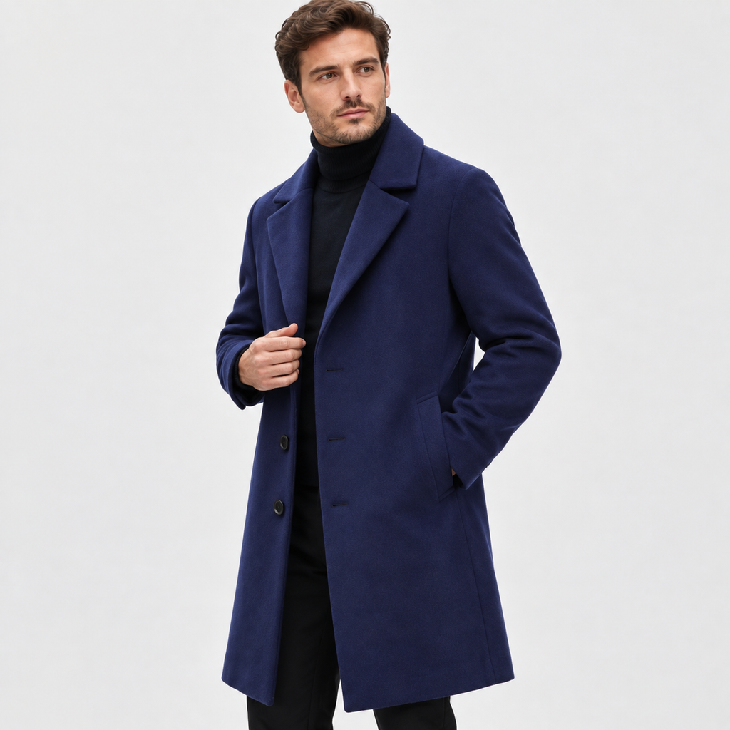 Men's Long Wool-Look Coat - Slim Fit Classic Style