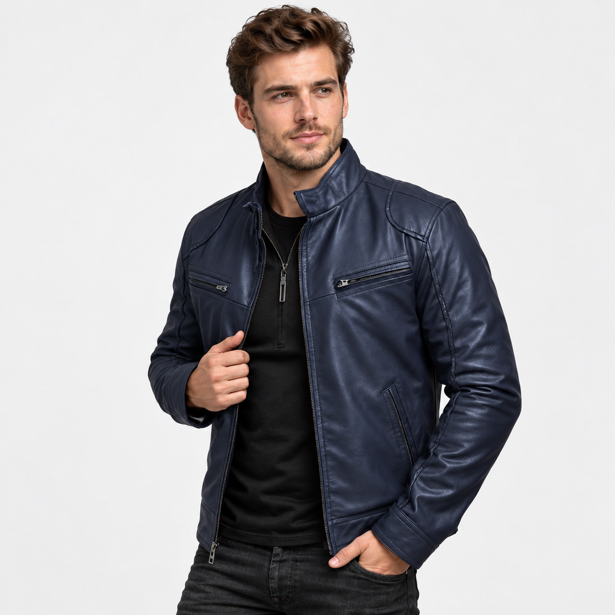 Men's Faux Leather Moto Jacket - Stand Collar