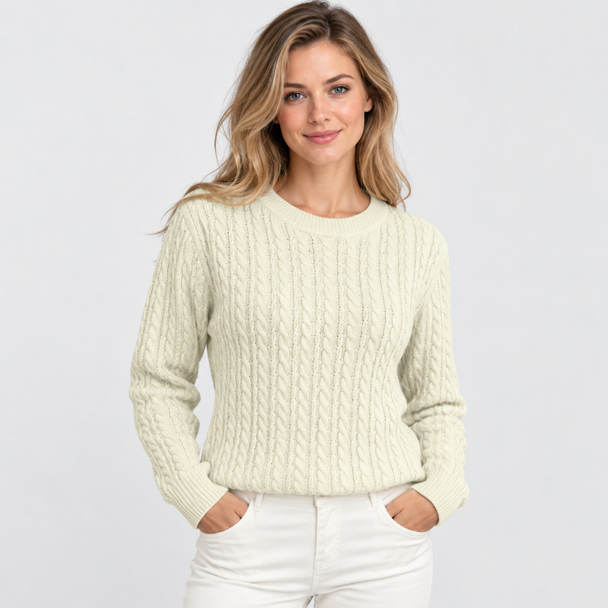Women's Cable Knit Crew Neck Sweater - Long Sleeve